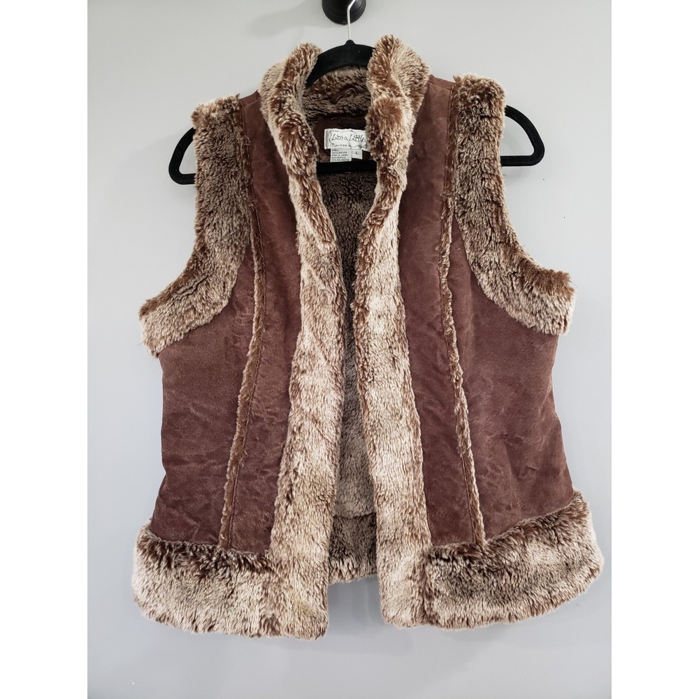 Women's Brown Leather Faux Fur Vest Boho Shearling LARGE Y2K vintage 90s hippie